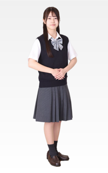 明法中学・高等学校の制服 女子用：ワイシャツとベスト（ネイビー）とリボン（グレー）とスカート（グレー）