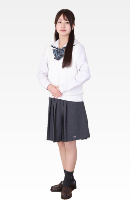 明法中学・高等学校の制服 女子用：長袖ブラウス（白）とベスト（白）とリボン（青碧×グレーストライプ）とスカート（グレー）