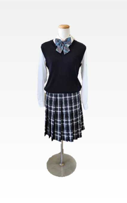 明法中学・高等学校の制服 女子用：ワイシャツとベスト（ネイビー）とリボン（青碧×グレーストライプ）とスカート（チェック）